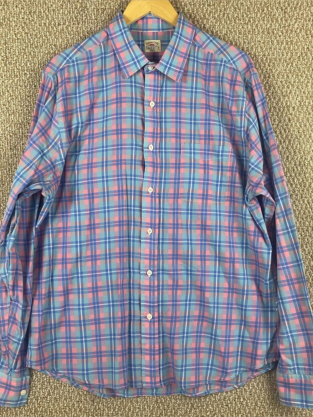 Faherty Shirt Mens XL Blue Pink Plaid Button Up Lightweight Preppy Cotton  F199